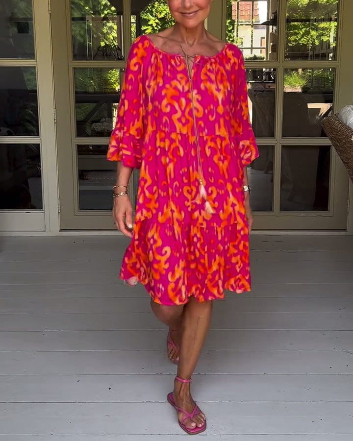 Red Dress With Print And Three-Quarter Sleeves
