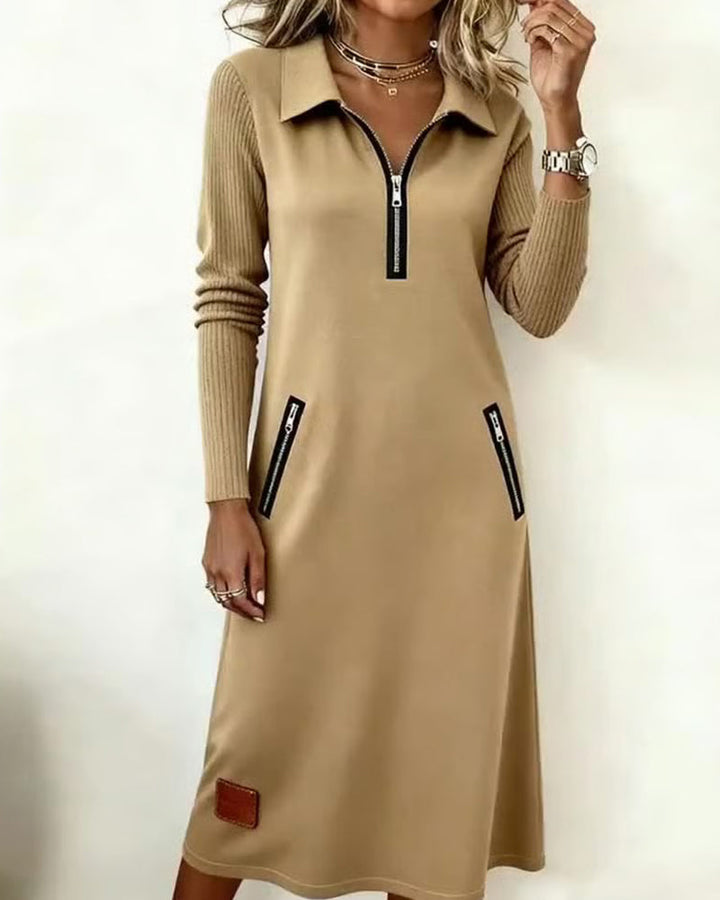 Straight Dress with Lapel and Half-Zip
