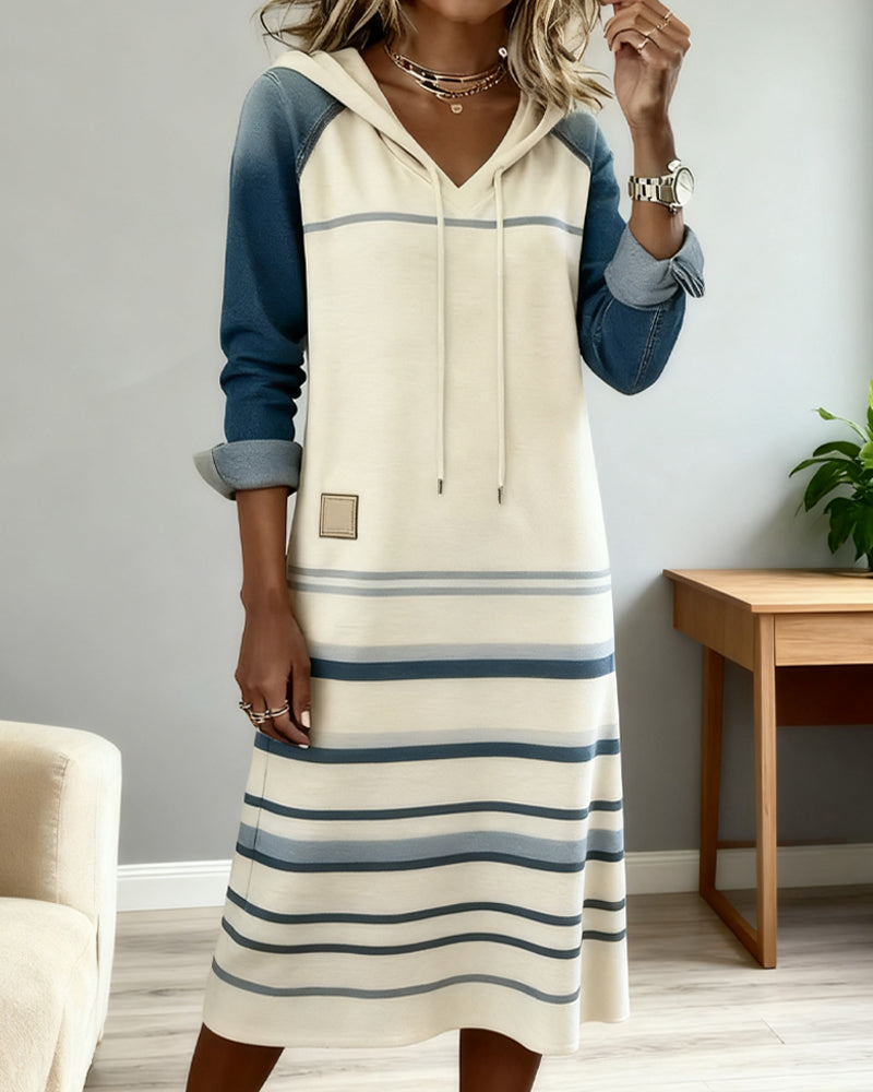 Striped Hooded Dress with Color Mixing