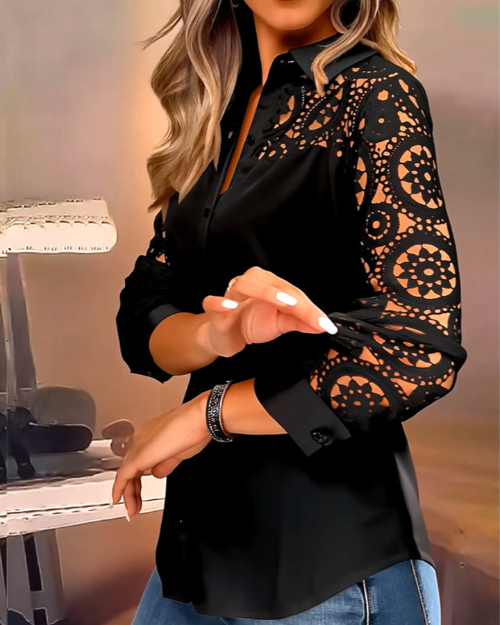 Solid Color Blouse with Lace Patchwork