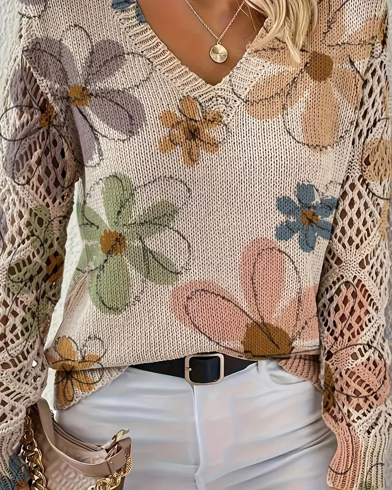 V-Neck Sweater with Openwork Pattern