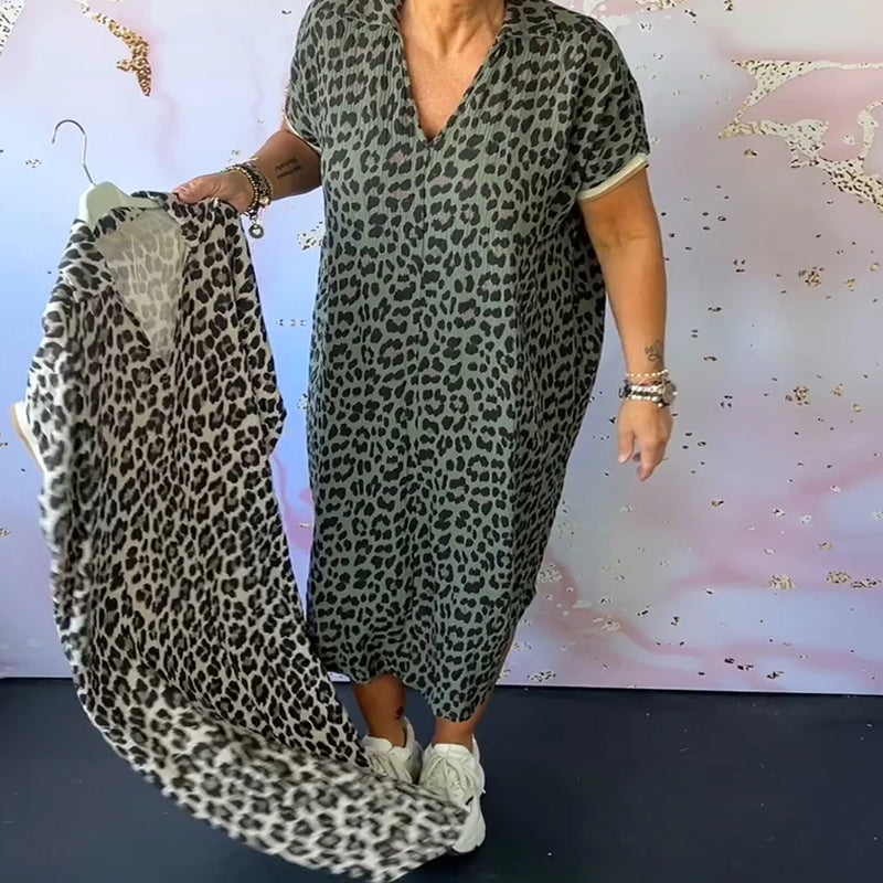 Short-Sleeved V-Neck Leopard Print Dress
