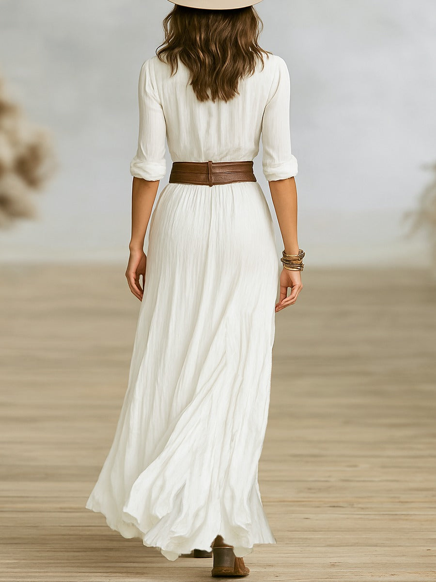 Belted Long Dress With Pleated Cuffs In Cotton And Linen