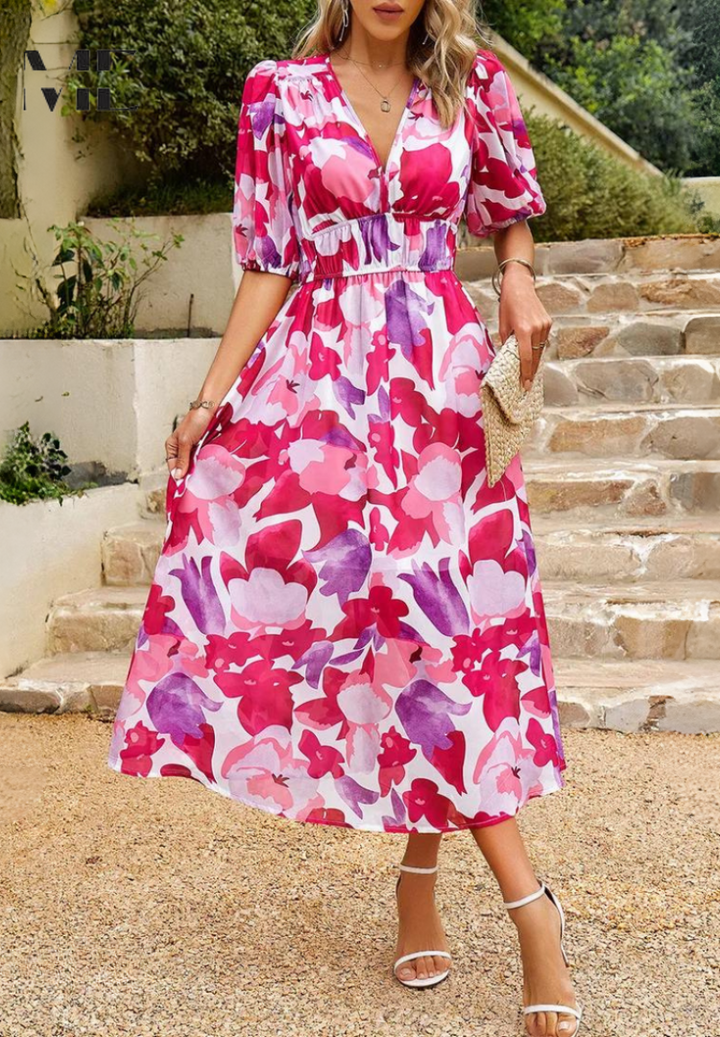 Monica | Floral Midi Dress with Puff Sleeves