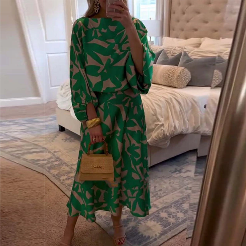 Set Dress Casual Printed Lantern Sleeves Temperament