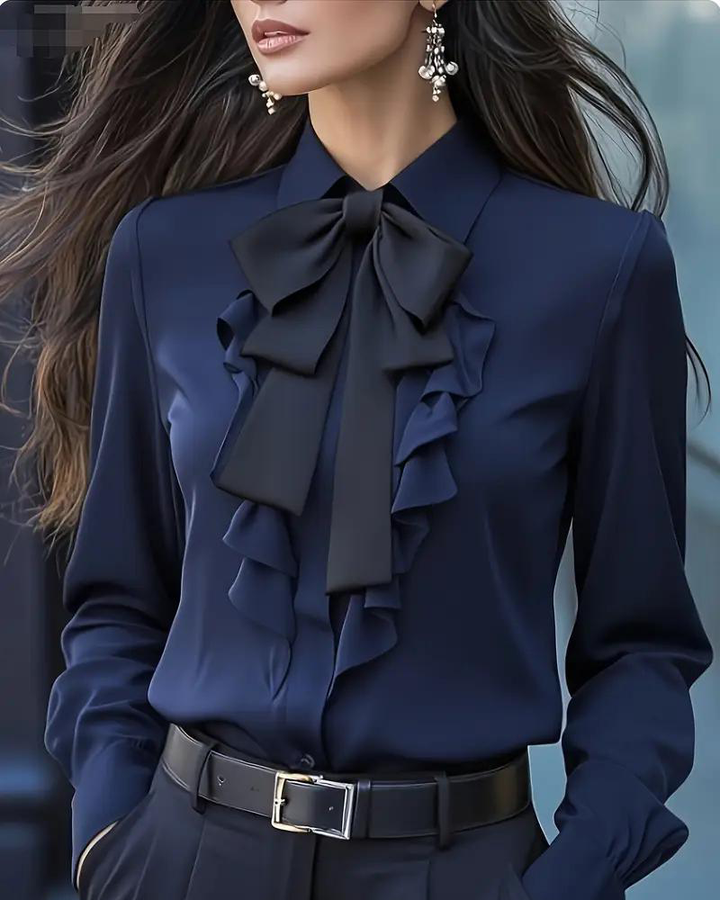 Long Sleeve Blouse with Knot and Ruffles