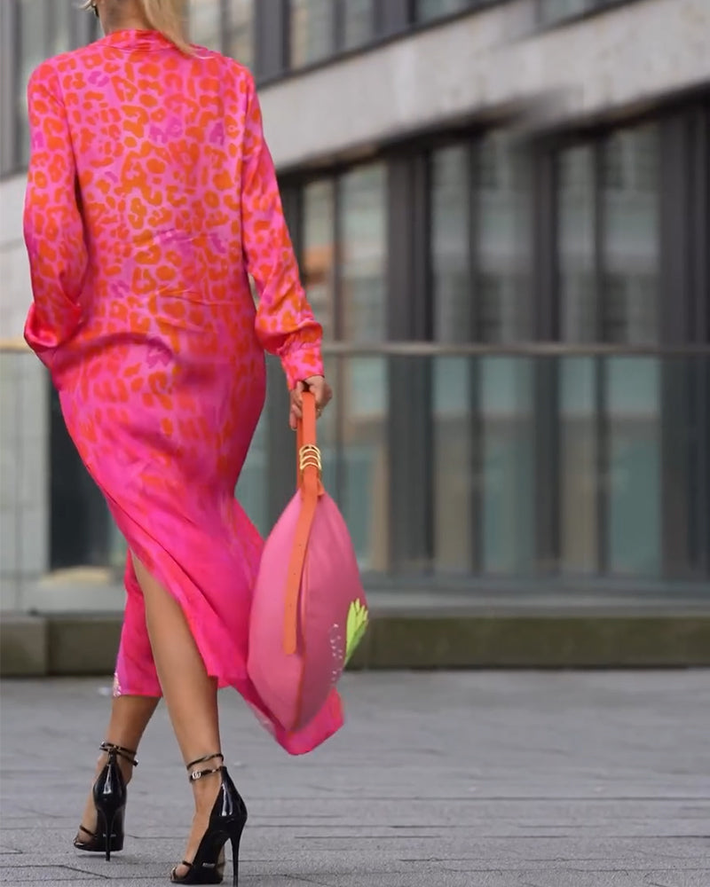 Dress Long Sleeve Leopard Print Split