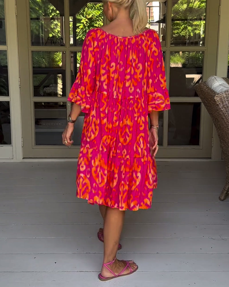 Red Dress With Print And Three-Quarter Sleeves