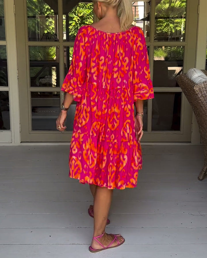 Red Dress With Print And Three-Quarter Sleeves