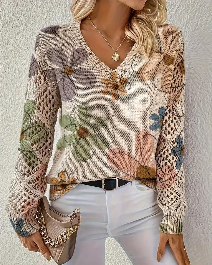 V-Neck Sweater with Openwork Pattern