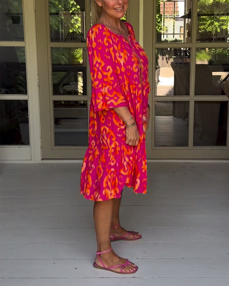 Red Dress With Print And Three-Quarter Sleeves