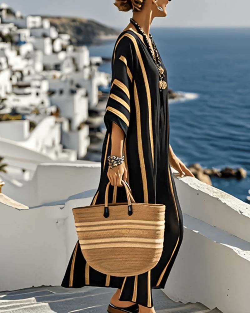 Loose V-Neck Striped Dress