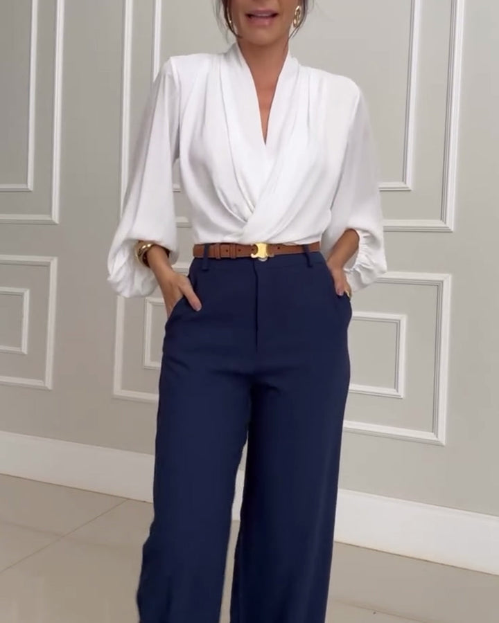 Trendy Lantern Sleeve Blouse with Solid V-Neck