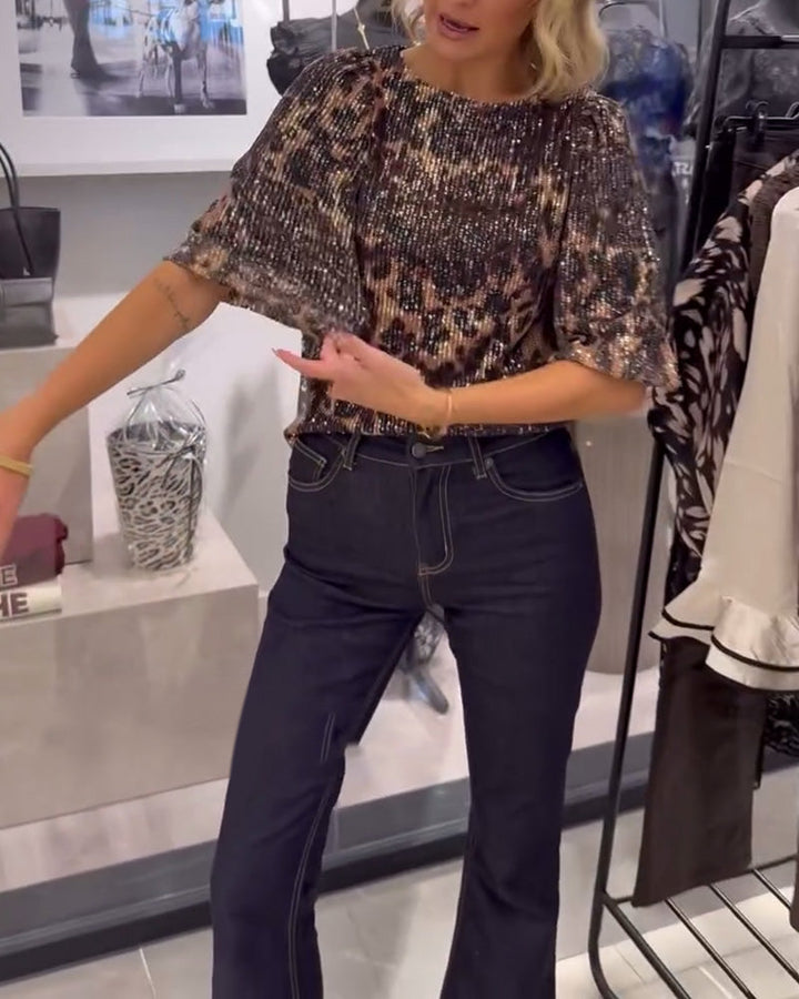 Leopard Print Sequin Lantern Sleeve Blouse