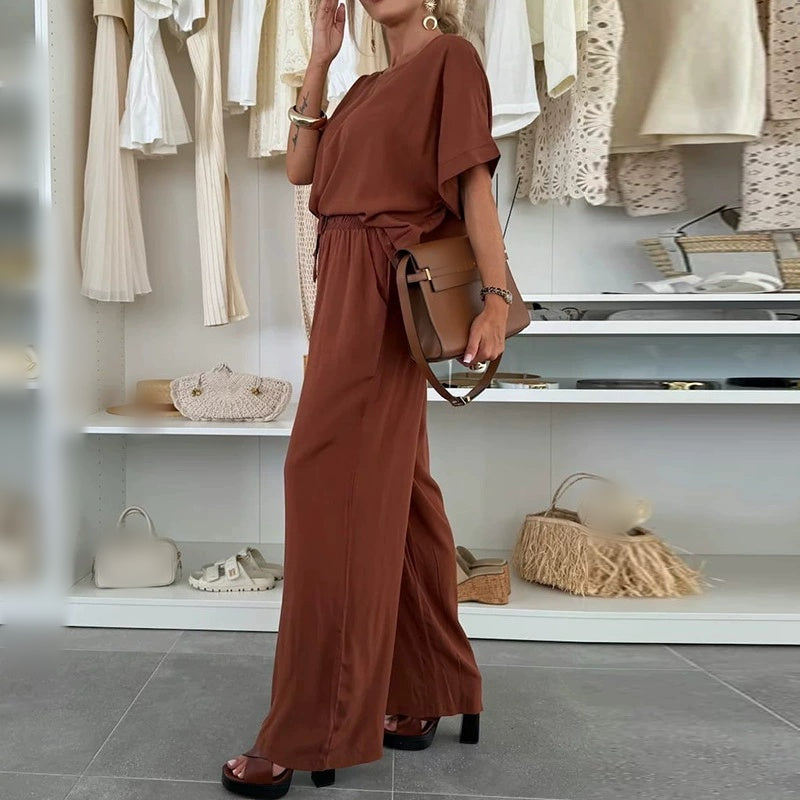 Solid Color Short Sleeve Top & Drawstring Pants 2-Piece Set