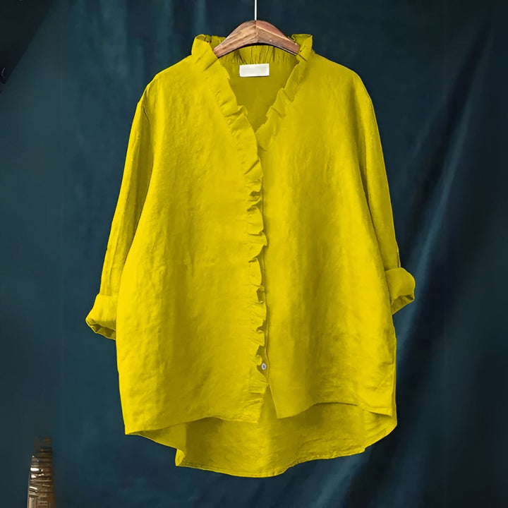 NOLA – RUFFLED BUTTON-FRONT LINEN BLOUSE